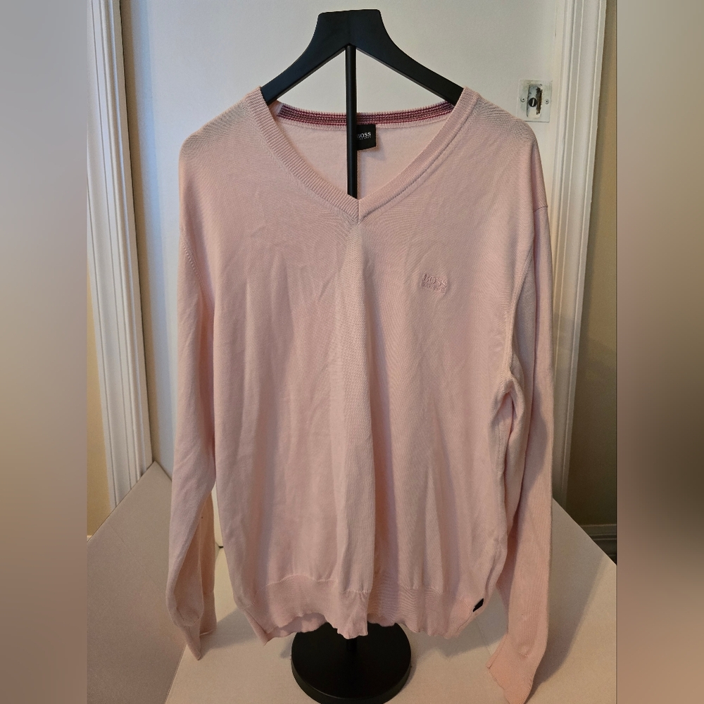 Hugo Boss Sweater Mens L Pink Wool Pullover V Neck Casual